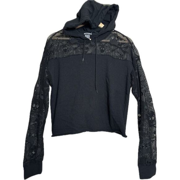 HOT TOPIC Skull & Crossbones Mesh Crop Hoodie Womens Sz M Gothic Y2K Streetwear - Picture 1 of 9
